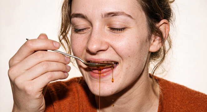 Close-up of a woman with eyes closed savoring a bite of rich chocolate dessert with a fork. Perfect for food, indulgence and dessert advertising concepts.
