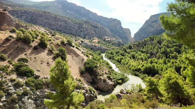 El Caminito del Rey, a walking trail running along the steep limestone gorge walls in the Desfiladero de los Gaitanes National Park, near the village of El Chorro in the Spanish province of Malaga