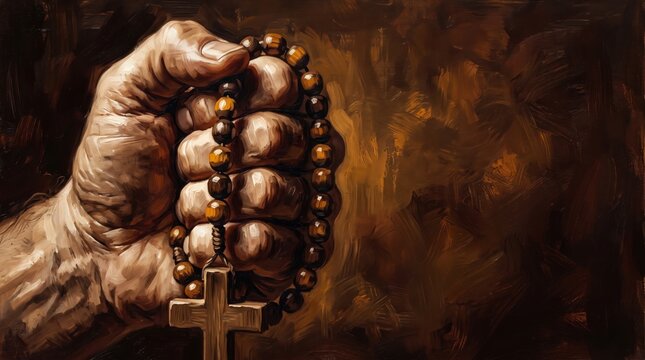 Hand holding Catholic rosary beads and cross. Christian prayer and devotion. Jesus faith, Catholic spirituality and worship. Oil painted religious illustration with copy space.