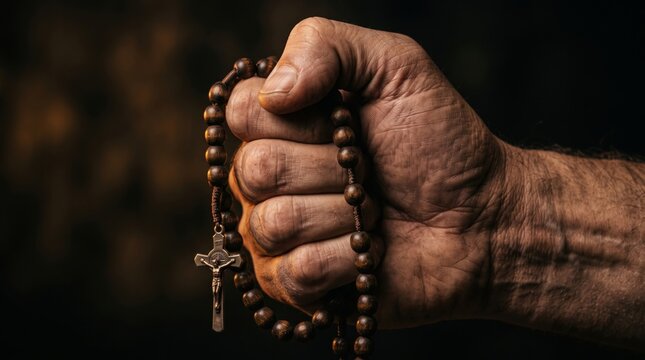 Hand holding wooden rosary with crucifix of Jesus. Catholic faith and Christian devotion. Prayer beads for worship, reflection and religious practice. Christian spirituality and symbolism.