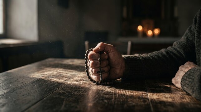 Hand holding a rosary with crucifix at a wooden table in a church. Catholic prayer and Christian faith. Religious devotion and worship. Spiritual practice and sacramental tradition.
