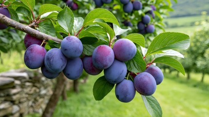 Obraz premium Ripe plums growing on branch in orchard