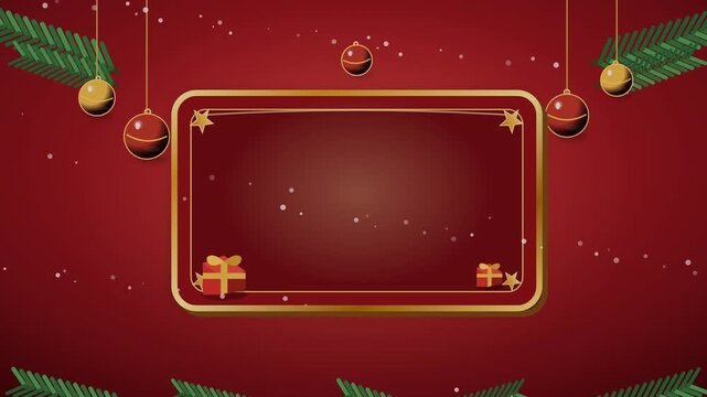 A festive red Christmas background with blank frame and ornaments