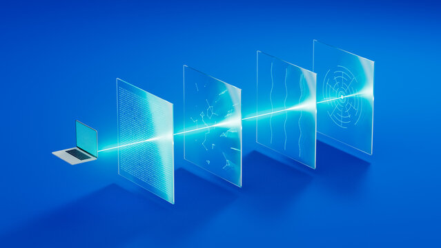 Laptop Sending Data Across Transparent Digital Panels