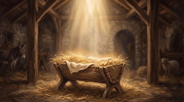 Straw-filled manger in a stable prepared for the birth of Jesus. Nativity scene and Christian Christmas tradition. Biblical birth story, faith and worship. Digital illustration