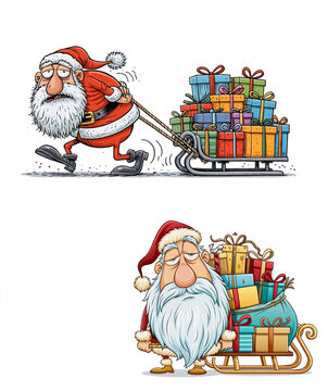 Tired cartoon Santa Claus with a sleigh full of gift boxes