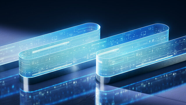 Futuristic Glowing Data Ribbon Loops on Reflective Surface