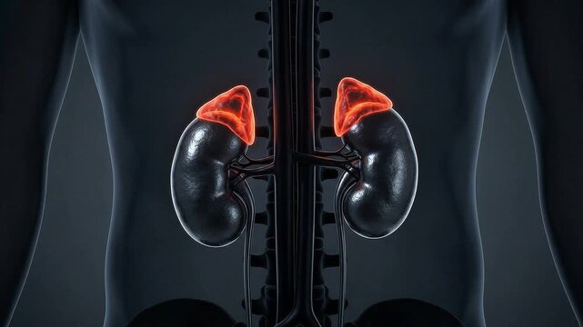 Medical 3D animation of human kidneys with highlighted adrenal glands illustrating the endocrine system and renal anatomy in a dark torso silhouette