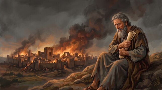 Biblical prophet holding a scroll above a burning ancient city. Christian scripture and prophecy. Jerusalem destruction and biblical history. Religious digital illustration.
