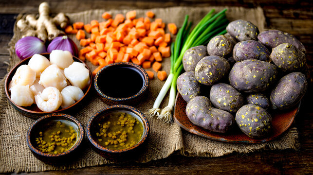 Raw shrimp and scallops, purple potatoes, diced carrot, green onion, ginger and red onion with sauces on burlap, top view.