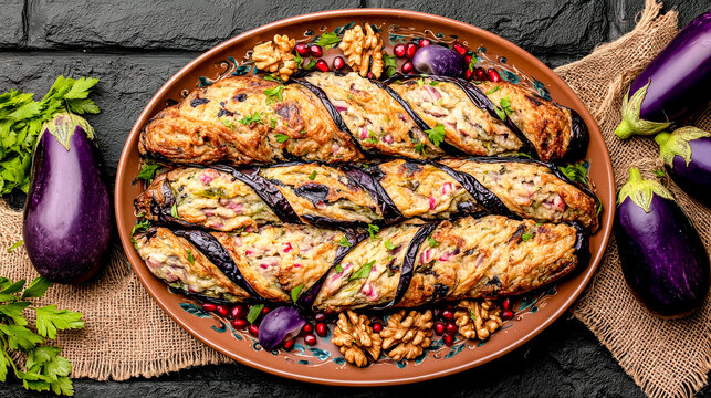 Baked stuffed eggplant rolls with walnuts and pomegranate seeds on decorated ceramic plate, top view with fresh eggplants and parsley.