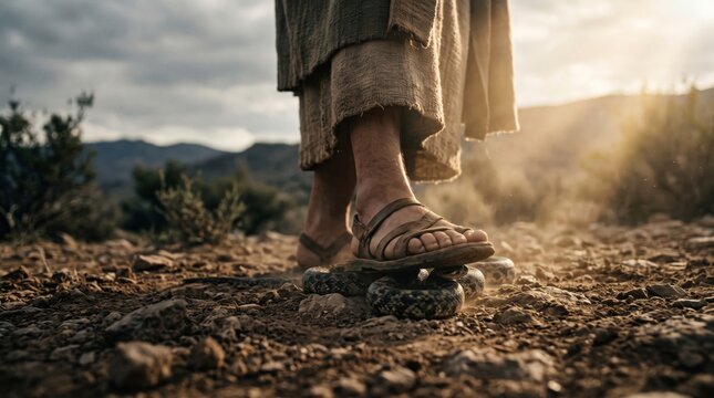 Sandaled foot crushing a snake on rocky ground. Jesus and biblical symbolism of triumph over evil. Christian faith and spiritual victory. Religious scene of temptation and salvation.