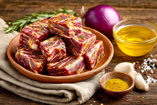 Raw marinated kebab beef cubes with herbs in clay bowl, red onion, rosemary, garlic and olive oil on wooden table.