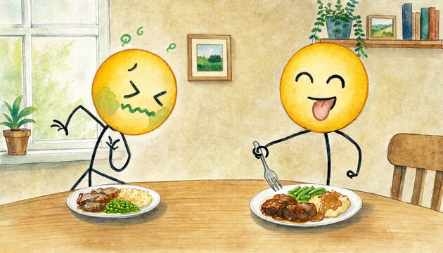Watercolor illustration of two stick figures at a dinner table, one disgusted and one enjoying the meal.