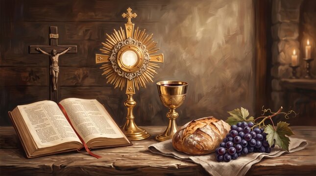 Jesus on crucifix with Eucharistic monstrance, Bible, chalice, bread and grapes. Catholic communion and Christian worship. Mass, faith and devotion. Painterly religious illustration.
