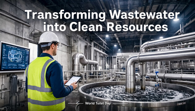 Poster for World Toilet Day with Transforming Wastewater into Clean Resources slogan and engineer monitoring treatment plant.