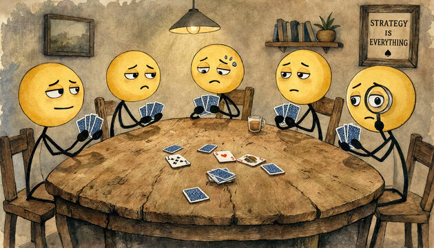 Watercolor illustration of five stick figures playing cards at a round table under a hanging lamp.