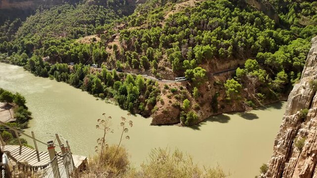 El Caminito del Rey, a walking trail running along the steep limestone gorge walls in the Desfiladero de los Gaitanes National Park, near the village of El Chorro in the Spanish province of Malaga
