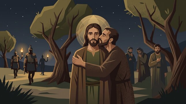 Judas betrays Jesus with a kiss in the Garden of Gethsemane. Biblical betrayal and arrest of Christ. Christian scripture illustration. Holy Week, Passion story and religious teaching.