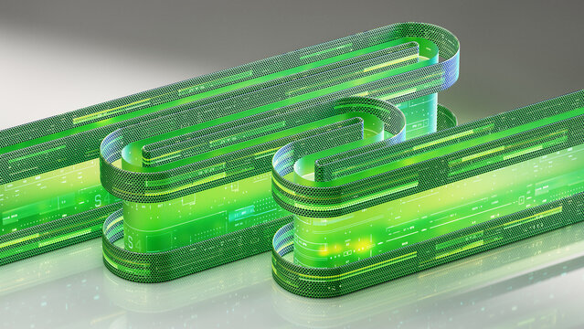 Glowing Green Data Ribbon Loops with Digital Interface