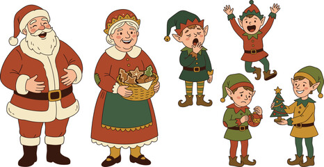 Obraz premium Funny Christmas cartoon set with laughing Santa Claus, Mrs Claus holding gingerbread basket, yawning elf, jumping elf, and decorating elf isolated vector.
