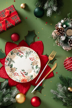 Christmas table setting with plate gift and festive decorations
