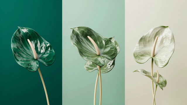 Three anthurium flowers with shiny green leaves arranged against different shades of green backgrounds