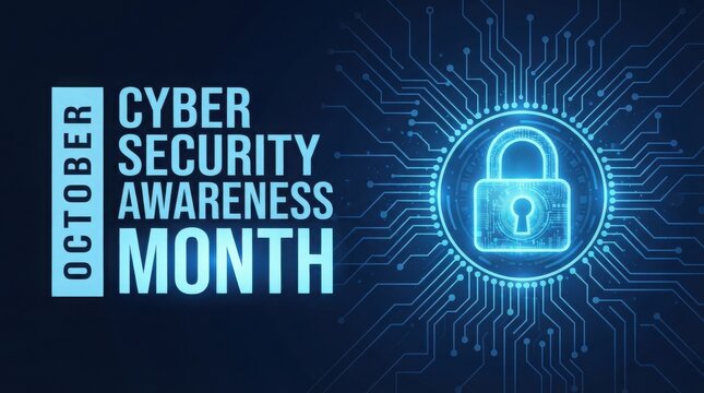 Cyber security awareness month concept with glowing digital padlock icon on dark blue background