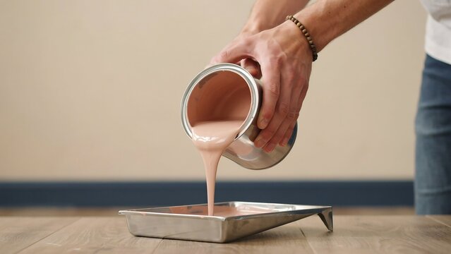 Person pouring pink paint from a metal can into a roller tray for home renovation work