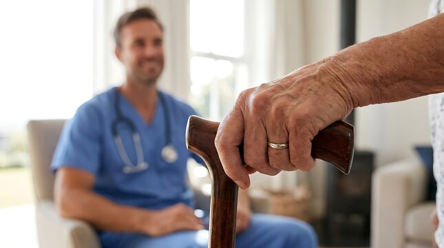 Elderly person holding a walking cane with a nurse or doctor sitting in the background