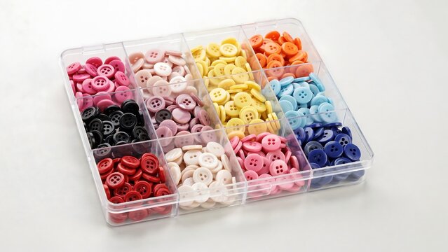 Assorted colorful sewing buttons organized in compartments of a clear plastic storage box