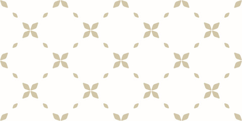 Naklejka na ściany i meble Luxury vector minimal floral texture. Elegant golden geometric seamless pattern with flowers, leaves, lattice, grid. Vector abstract gold and white background in oriental style. Repeating geo design