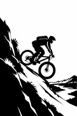 Obraz premium Black and white vector illustration of mountain bike rider descending rocky cliff track