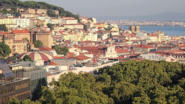 View of the city of Lisbon with the Saint George Castle (Sao Jorge Castle) and the Tagus river in the background