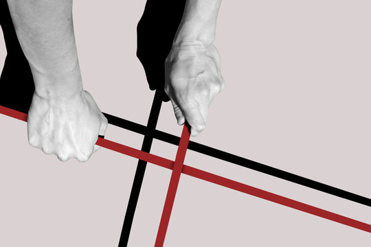 Collage with a female hands holding two crossed red strips