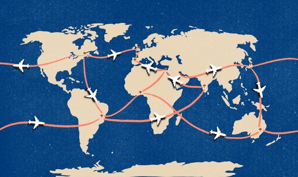 World Map With Flight Paths and Planes Showing Travel Routes