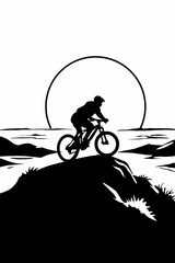 Obraz premium Mountain bike rider on hilltop with big sun vector illustration