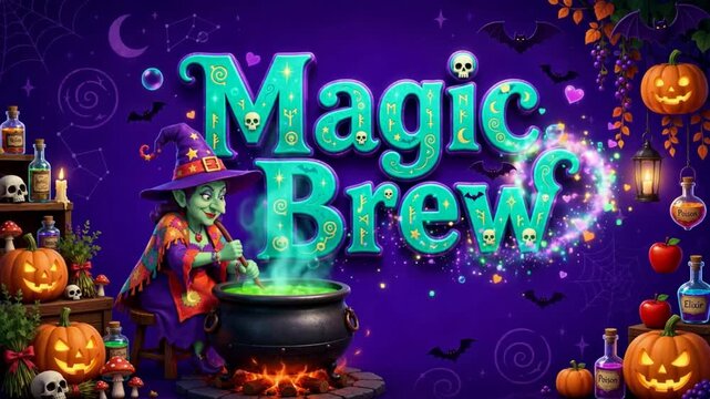 Witch stirring a magic brew in a black cauldron surrounded by glowing pumpkins and decorative text on purple background.