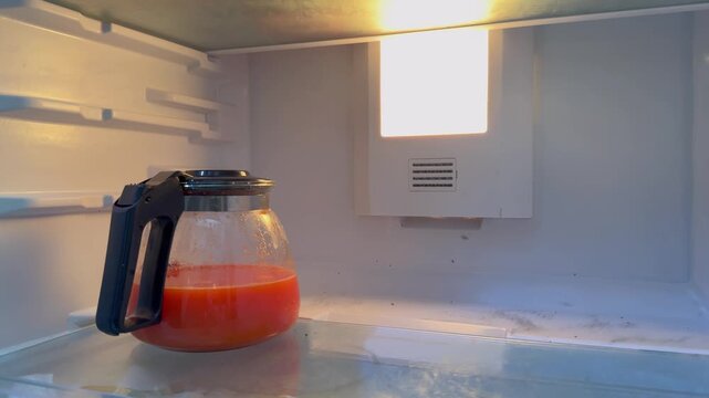 A hand reaches for the carrot juice inside the refrigerator. Dim light shines from the overhead lamp. A glass pitcher sits on a clean shelf. The inside of the refrigerator looks empty and quiet