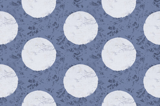 Seamless polka dot pattern with large white textured circles on a slate blue grunge background.