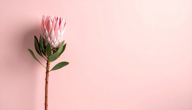 Single tall protea bloom on long stem against muted dusty pink background with calm elegant sculptural mood generative AI