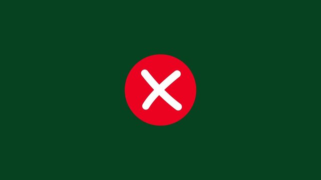 Animated red circle with white cross symbolizing rejection, error, stop, or incorrect choice on a solid dark green background, for ui ux, digital alerts, and, interactive feedback systems