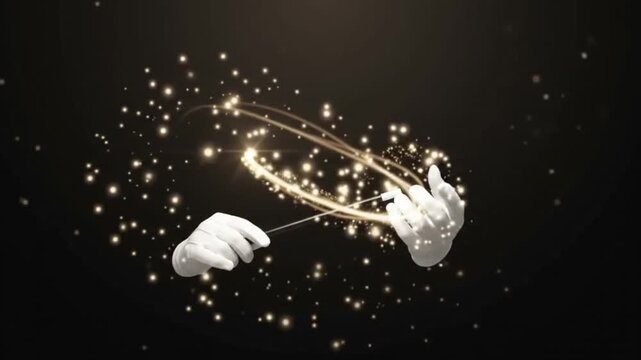 Magician Hands Waving Magic Wand with Glowing Sparkle Trail