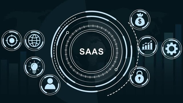 Dynamic saas software as a service digital interface featuring animated hud global business connectivity data analytics charts, and cyber security symbols for modern corporate presentations