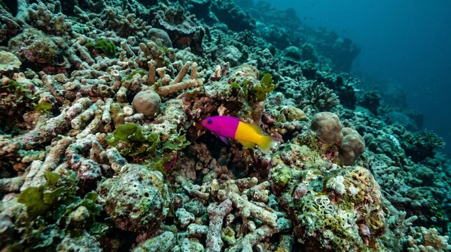 Wide-angle macro of a Royal Dottyback swimming over a natural coral rubble slope