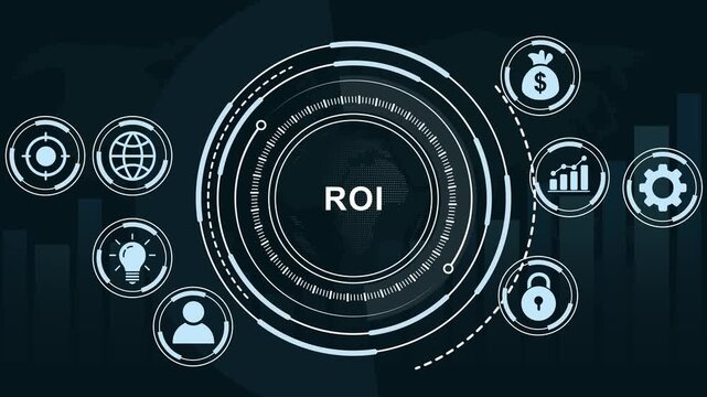 Dynamic digital roi concept animation featuring animated circular hud interface global business growth analytics, financial success metrics, and futuristic data visualization for corporate strategy