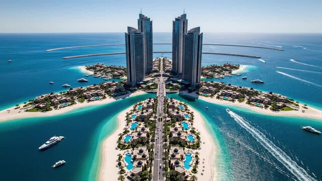 Aerial view of luxury island resort with modern skyscrapers