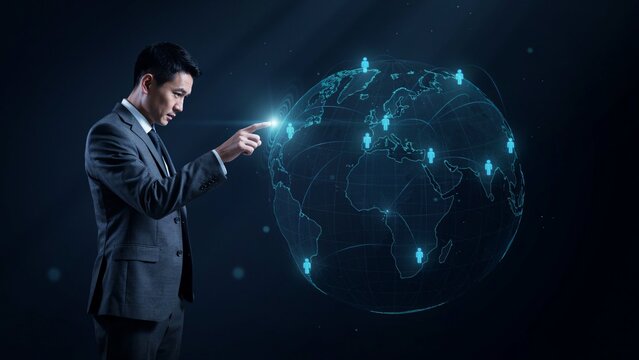 Asian businessman wearing grey suit touching glowing holographic globe representing international networking and digital innovation technology solutions