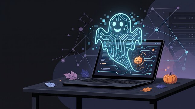 Digital ghost emerging from laptop screen with cyber technology circuit lines and halloween pumpkins on dark desk background.