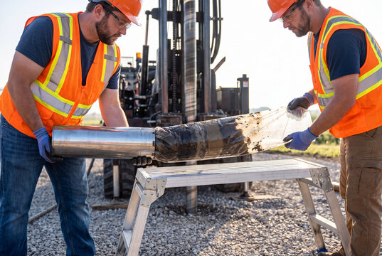 Workers Wrapping Metal Core Sample on Folding Bench